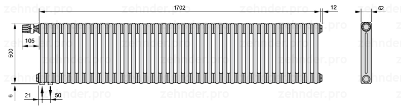 Схема (чертеж) Радиатор Zehnder Charleston 2050/37 №V001 Белый глянцевый RAL 9016